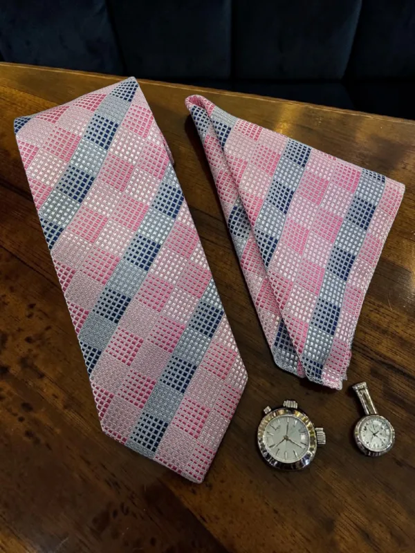 Baby_Pink_And_Blue_Windsor_Check_Micro_Woven_Jacquard_9_Cm_Necktie_Set_With_Pocket_Square_And_Premium_Wooden_Gift_Box_Suitable_For_Formal_And_Wedding_Wear