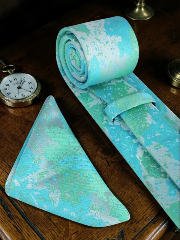 Aqua_Green_Abstract_Woven_Microsilk_Jacquard_Tie_Set_9_Cm_Vintage_Width_With_Pocket_Square_And_Wooden_Gift_Box