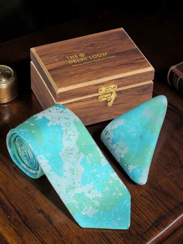Aqua_Green_Abstract_Woven_Microsilk_Jacquard_Tie_Set_9_Cm_Vintage_Width_With_Pocket_Square_And_Wooden_Gift_Box