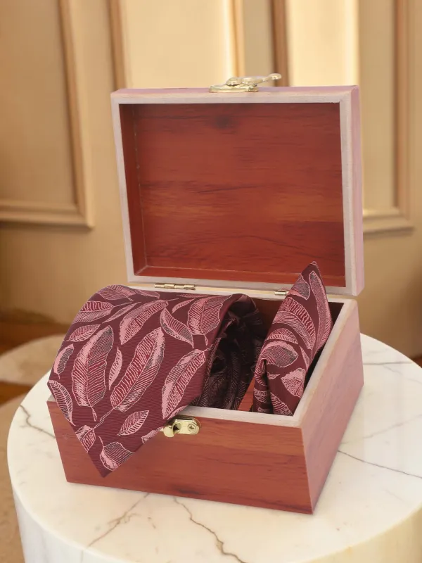 Wine_Pink_Blush_Leaf_Veil_Micro_Woven_Jacquard_9_Cm_Necktie_Set_With_Pocket_Square_And_Premium_Wooden_Gift_Box_Suitable_For_Formal_And_Party_Wear