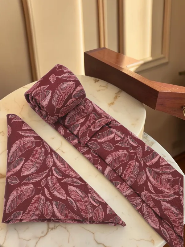 Wine_Pink_Blush_Leaf_Veil_Micro_Woven_Jacquard_9_Cm_Necktie_Set_With_Pocket_Square_And_Premium_Wooden_Gift_Box_Suitable_For_Formal_And_Party_Wear