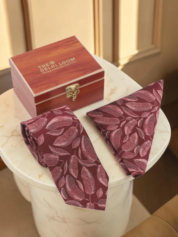 Wine_Pink_Blush_Leaf_Veil_Micro_Woven_Jacquard_9_Cm_Necktie_Set_With_Pocket_Square_And_Premium_Wooden_Gift_Box_Suitable_For_Formal_And_Party_Wear