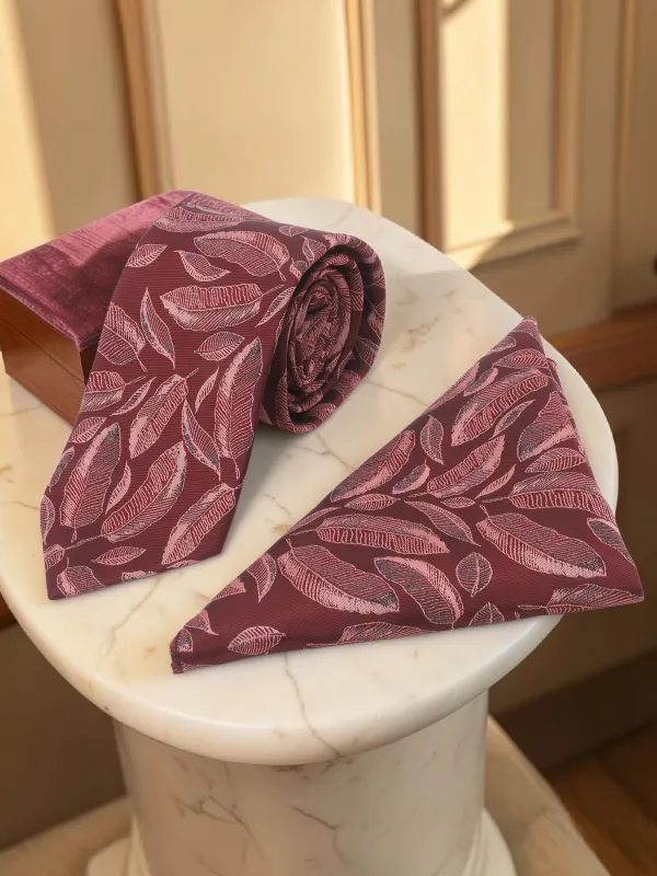 Wine_Pink_Blush_Leaf_Veil_Micro_Woven_Jacquard_9_Cm_Necktie_Set_With_Pocket_Square_And_Premium_Wooden_Gift_Box_Suitable_For_Formal_And_Party_Wear