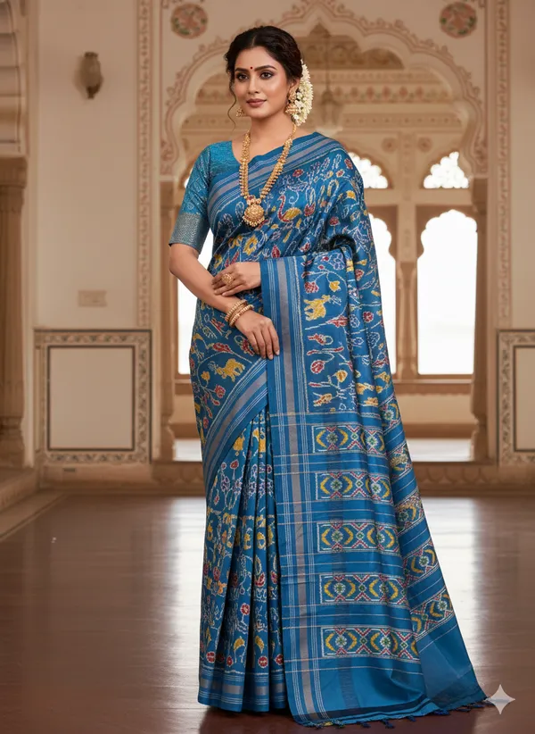 Skyblue_Ikat_Digital_Print_With_Contrast_Blouse_Piece_Elegant_Lightweight_Saree_For_Wedding,_Party_&_Festive_Wear_Saree_For_Women
