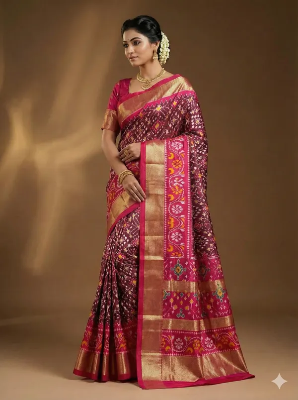 Brown_Beautiful_Ikkat_Design_Silk_Saree_Premium_Zari_Border_Saree_For_Women