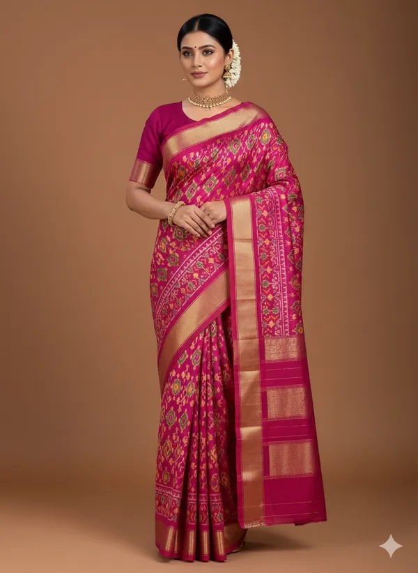 Pink_Beautiful_Ikkat_Design_Silk_Saree_Premium_Zari_Border_Saree_For_Women