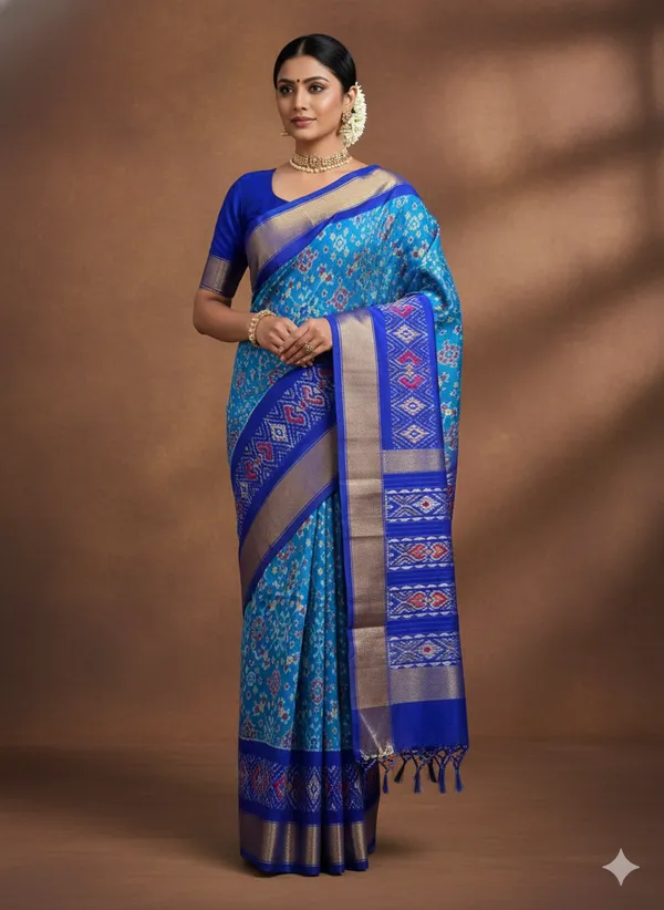 Skyblue_Beautiful_Ikkat_Design_Silk_Saree_Premium_Zari_Border_Saree_For_Women