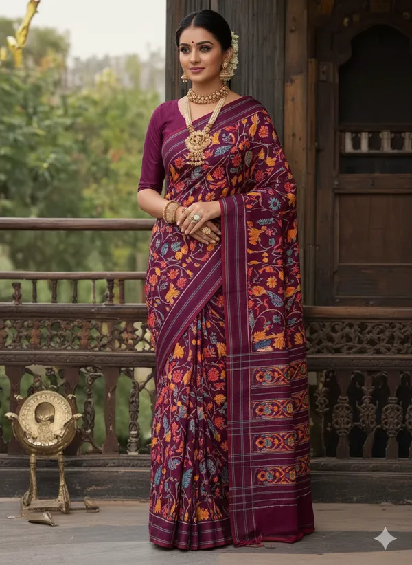 Multicolour_Ikat_Digital_Print_With_Contrast_Blouse_Piece_Elegant_Lightweight_Saree_For_Wedding,_Party_&_Festive_Wear_Saree_For_Women