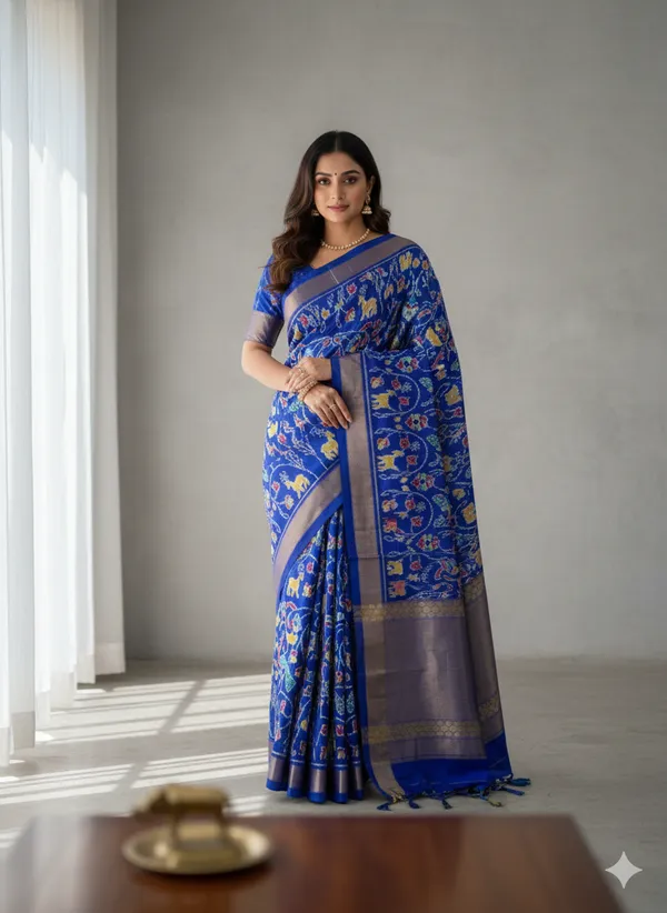 Blue_Ikat_Digital_Print_With_Contrast_Blouse_Piece_Elegant_Lightweight_Saree_For_Wedding,_Party_&_Festive_Wear_Saree_For_Women