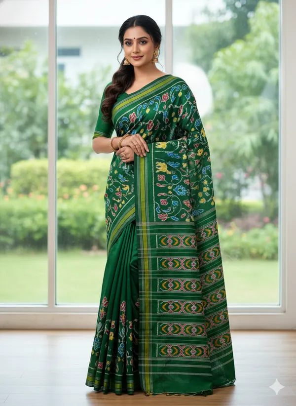 Green_Ikat_Digital_Print_With_Contrast_Blouse_Piece_Elegant_Lightweight_Saree_For_Wedding,_Party_&_Festive_Wear_Saree_For_Women