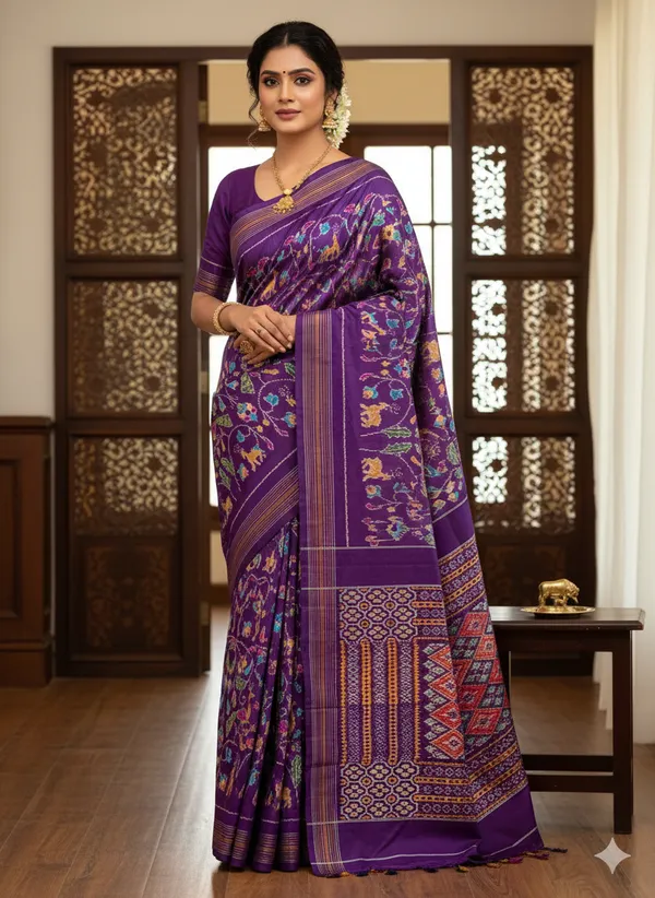 Wine_Ikat_Digital_Print_With_Contrast_Blouse_Piece_Elegant_Lightweight_Saree_For_Wedding,_Party_&_Festive_Wear_Saree_For_Women