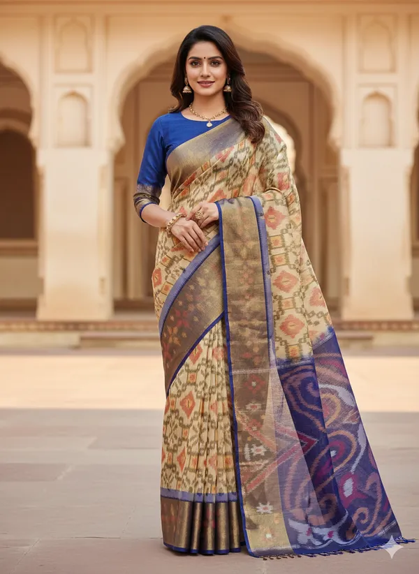 Multicolour_Beautiful_Digital_Ikat_Pattern–Smooth_Finish_Saree_With_Unstitched_Blouse_Saree_For_Women