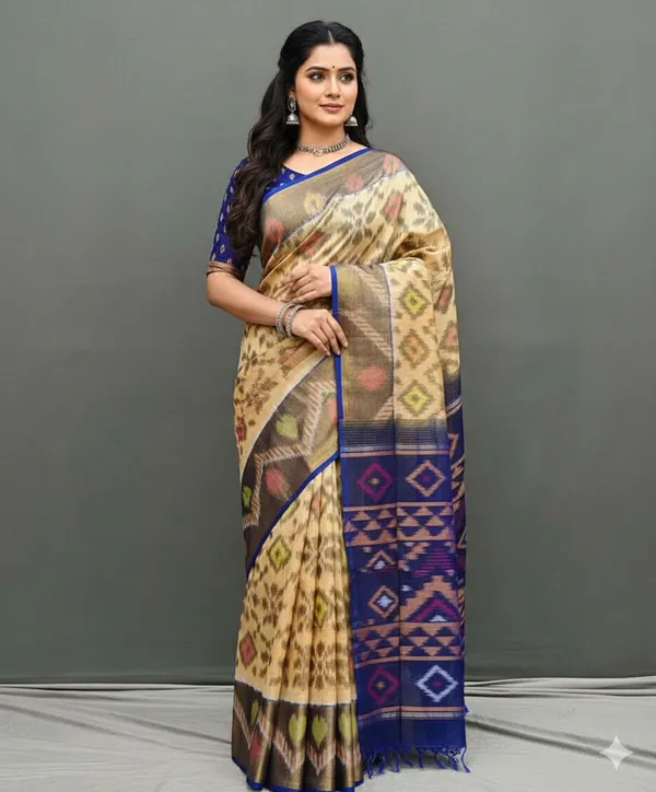 Beige_Beautiful_Digital_Ikat_Pattern_–Smooth_Finish_Saree_With_Unstitched_Blouse_Saree_For_Women