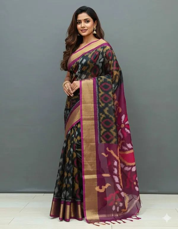 Black_Beautiful_Digital_Ikat_Pattern-_Smooth_Finish_Saree_With_Unstitched_Blouse_Saree_For_Women