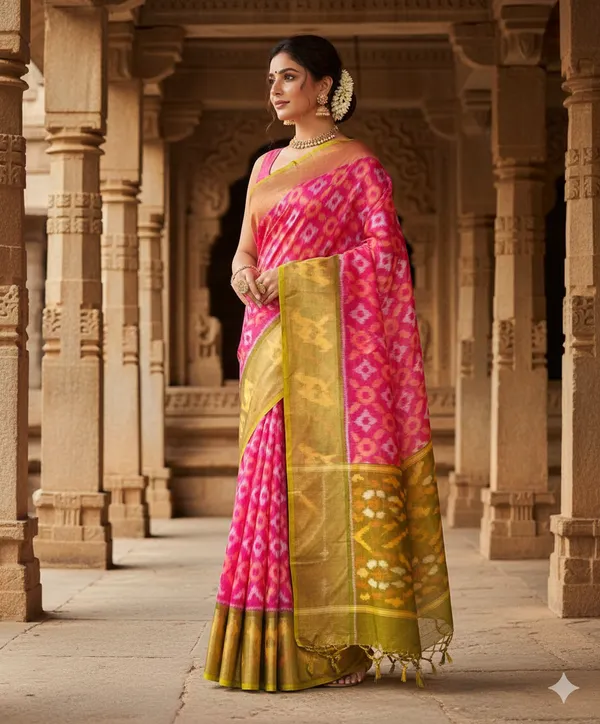 Pink_Mehndi_Beautiful_Digital_Ikat_Pattern–Smooth_Finish_Saree_With_Unstitched_Blouse_Saree_For_Women