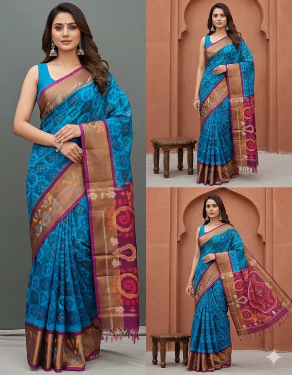 Skyblue_Beautiful_Digital_Ikat_Pattern–_Smooth_Finish_Saree_With_Unstitched_Blouse_Saree_For_Women
