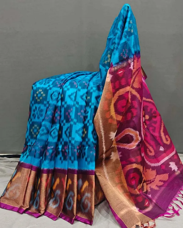 Skyblue_Beautiful_Digital_Ikat_Pattern–_Smooth_Finish_Saree_With_Unstitched_Blouse_Saree_For_Women