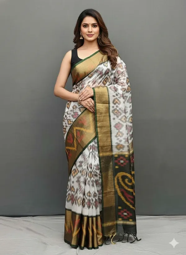 White_Beautiful_Digital_Ikat_Pattern–_Smooth_Finish_Saree_With_Unstitched_Blouse_Saree_For_Women