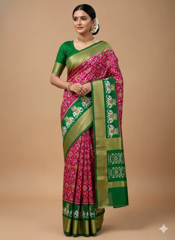 Pink_Beautiful_Ikkat_Design_Silk_Saree_Premium_Zari_Border_Saree_For_Women
