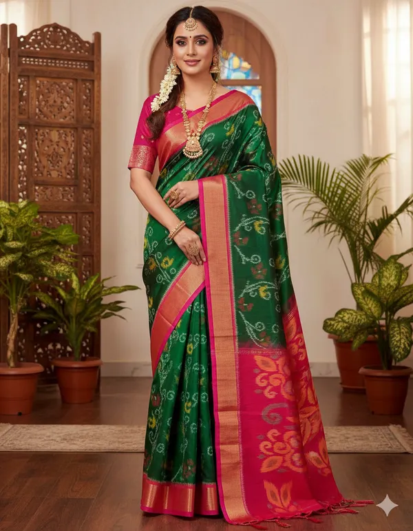 Multicolour_Modern_Ikat_Design_Digital_Printed_Silk_Saree_Perfect_For_Wedding,_Party_&_Cultural_Wear_Saree_For_Women