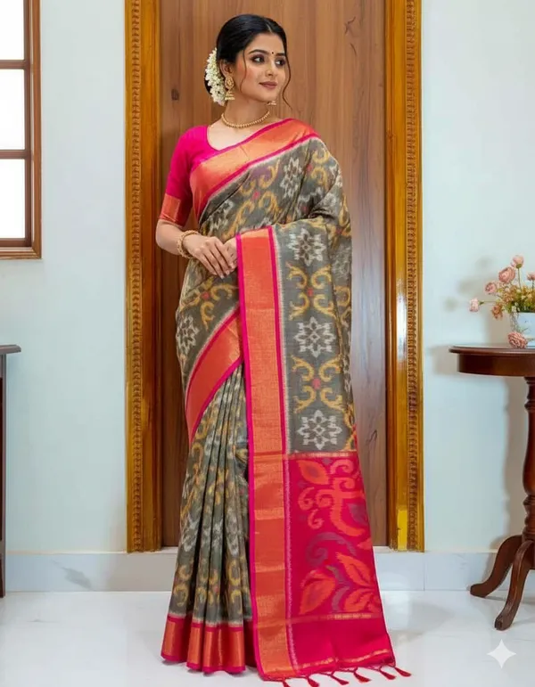 Multicolour_Modern_Ikat_Design_Digital_Printed_Silk_Saree_Perfect_For_Wedding,_Party_&_Cultural_Wear_Saree_For_Women
