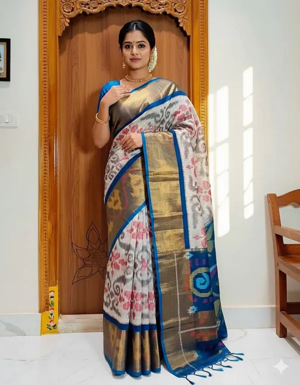 Grey_Sky_Modern_Ikat_Design_Digital_Printed_Silk_Saree_Perfect_For_Wedding,_Party_&_Cultural_Wear_Saree_For_Women