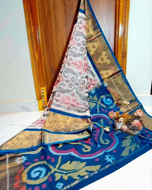 Grey_Sky_Modern_Ikat_Design_Digital_Printed_Silk_Saree_Perfect_For_Wedding,_Party_&_Cultural_Wear_Saree_For_Women