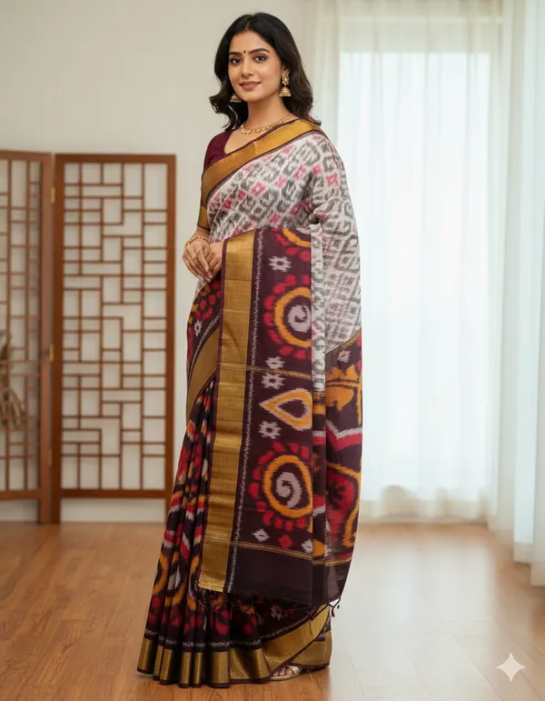 Grey_Wine_Modern_Ikat_Design_Digital_Printed_Silk_Saree_Perfect_For_Wedding,_Party_&_Cultural_Wear_Saree_For_Women