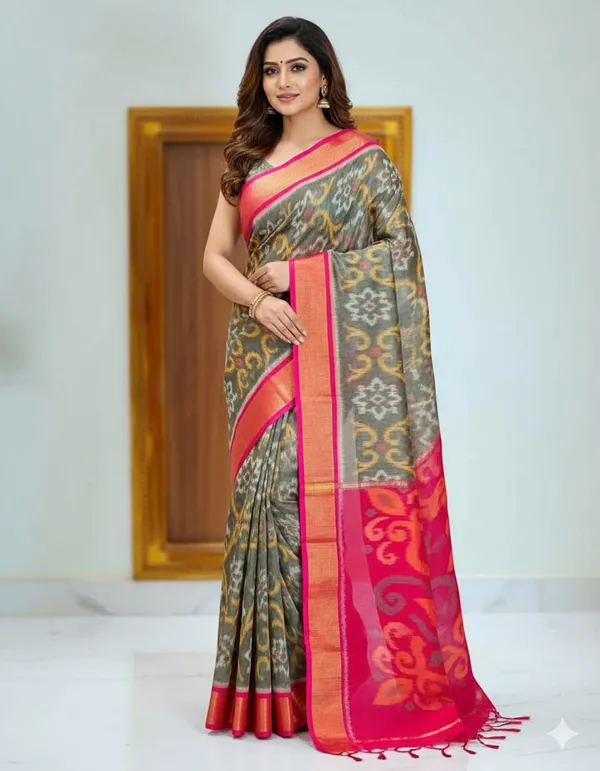 Grey_Modern_Ikat_Design_Digital_Printed_Silk_Saree_Perfect_For_Wedding,_Party_&_Cultural_Wear_Saree_For_Women