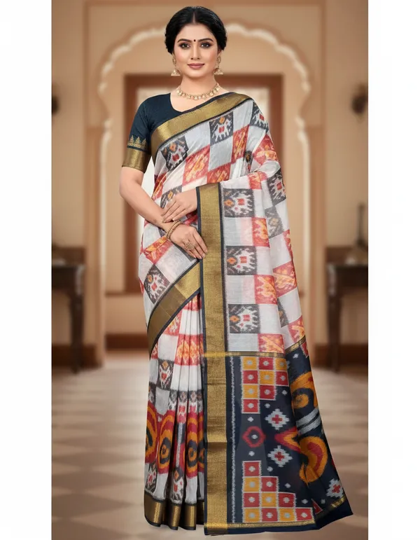 Multicolour_Modern_Ikat_Design_Digital_Printed_Silk_Saree_Perfect_For_Wedding,_Party_&_Cultural_Wear_Saree_For_Women