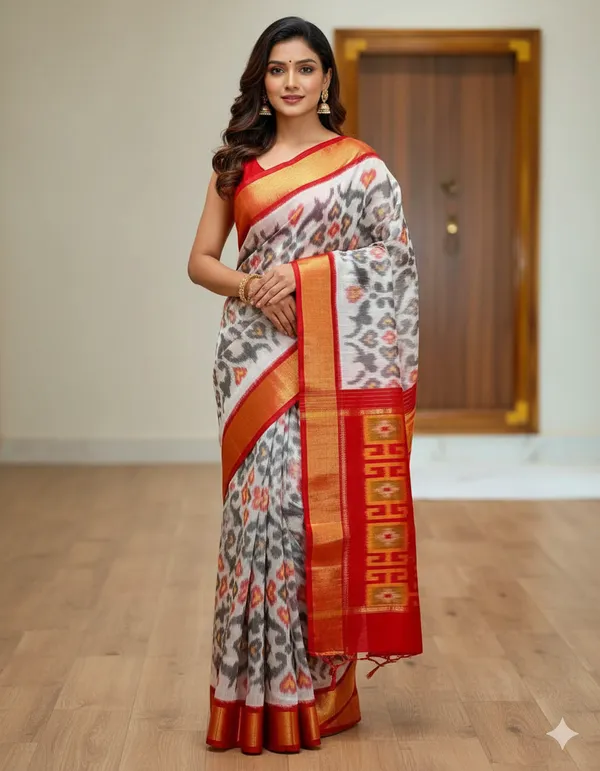 Multicolour_Modern_Ikat_Design_Digital_Printed_Silk_Saree_Perfect_For_Wedding,_Party_&_Cultural_Wear_Saree_For_Women