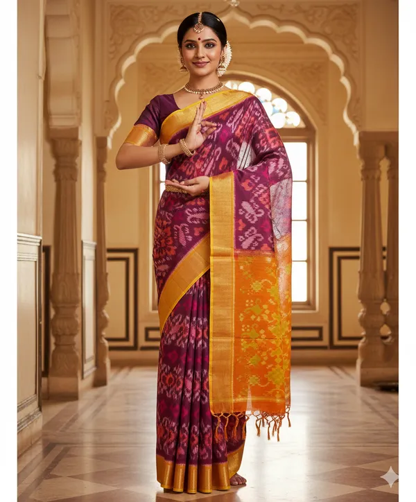 Multicolour_Modern_Ikat_Design_Digital_Printed_Silk_Saree_Perfect_For_Wedding,_Party_&_Cultural_Wear_Saree_For_Women