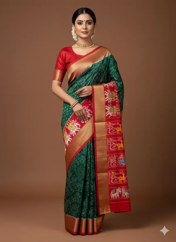 Green_Beautiful_Ikkat_Design_Silk_Saree_Premium_Zari_Border_Saree_For_Women