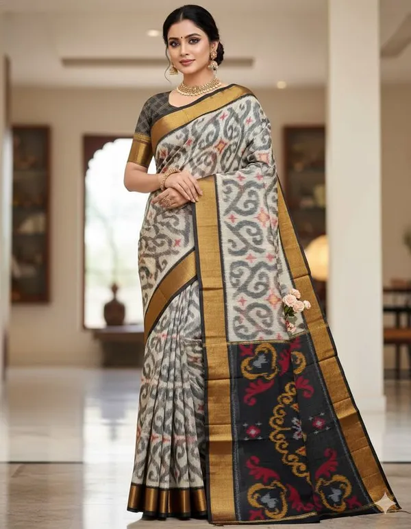 Multicolour_Modern_Ikat_Design_Digital_Printed_Silk_Saree_Perfect_For_Wedding,_Party_&_Cultural_Wear_Saree_For_Women