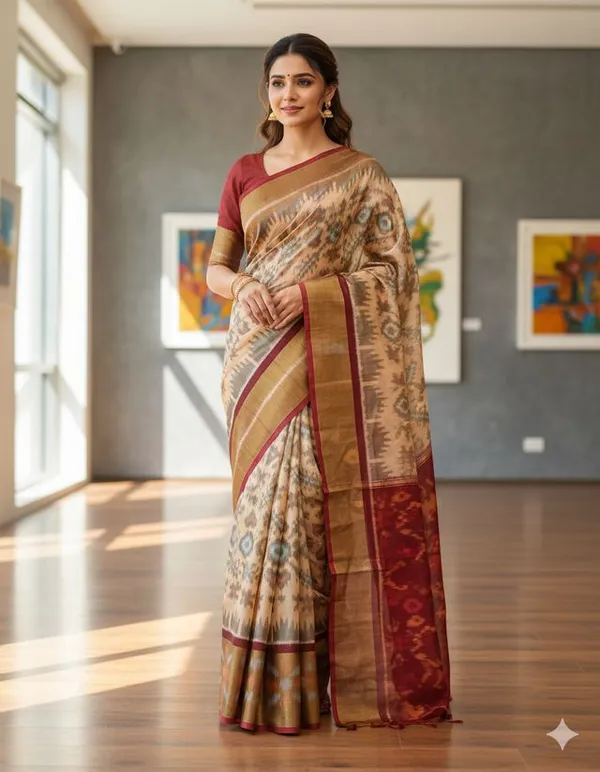 Multicolour_Beautiful_Digital_Ikat_Pattern–_Smooth_Finish_Saree_With_Unstitched_Blouse_Saree_For_Women