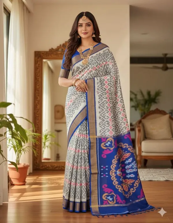 Multicolour_Modern_Ikat_Design_Digital_Printed_Silk_Saree_Perfect_For_Wedding,_Party_&_Cultural_Wear_Saree_For_Women