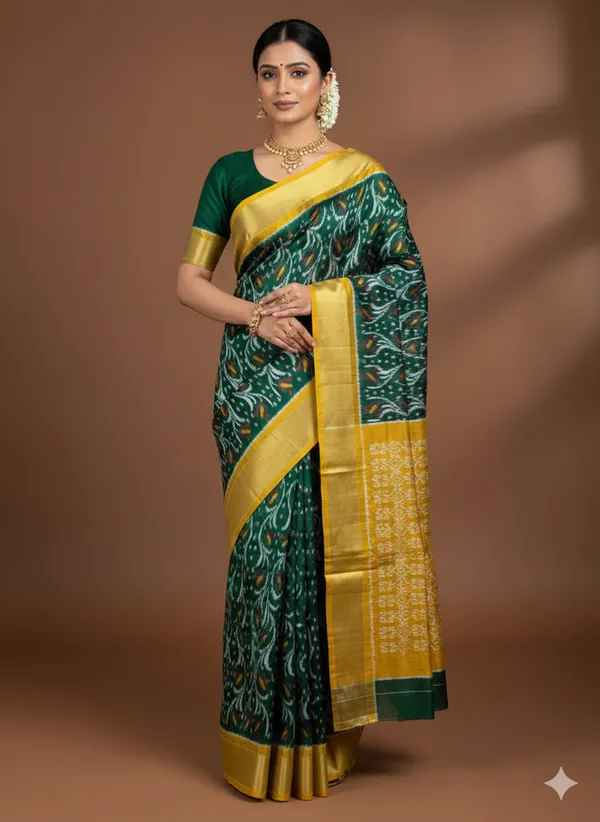 Green_Beautiful_Ikkat_Design_Silk_Saree_Premium_Zari_Border_Saree_For_Women