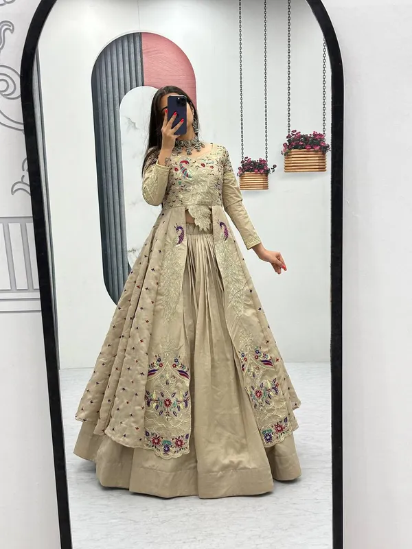 Rajkanika_Beige_Embroidered_Long_Jacket_Style_Lehenga_Choli_Set