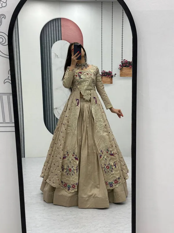 Rajkanika_Beige_Embroidered_Long_Jacket_Style_Lehenga_Choli_Set