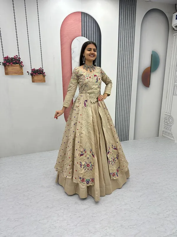 Rajkanika_Beige_Embroidered_Long_Jacket_Style_Lehenga_Choli_Set