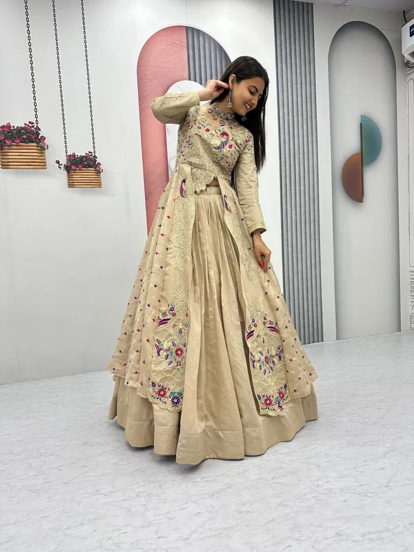 Rajkanika_Beige_Embroidered_Long_Jacket_Style_Lehenga_Choli_Set