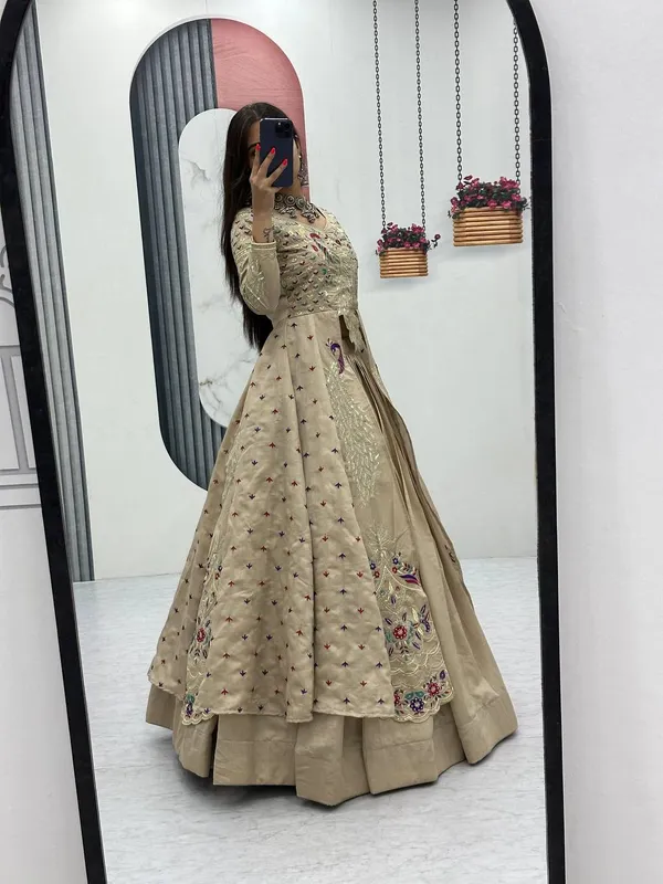 Rajkanika_Beige_Embroidered_Long_Jacket_Style_Lehenga_Choli_Set