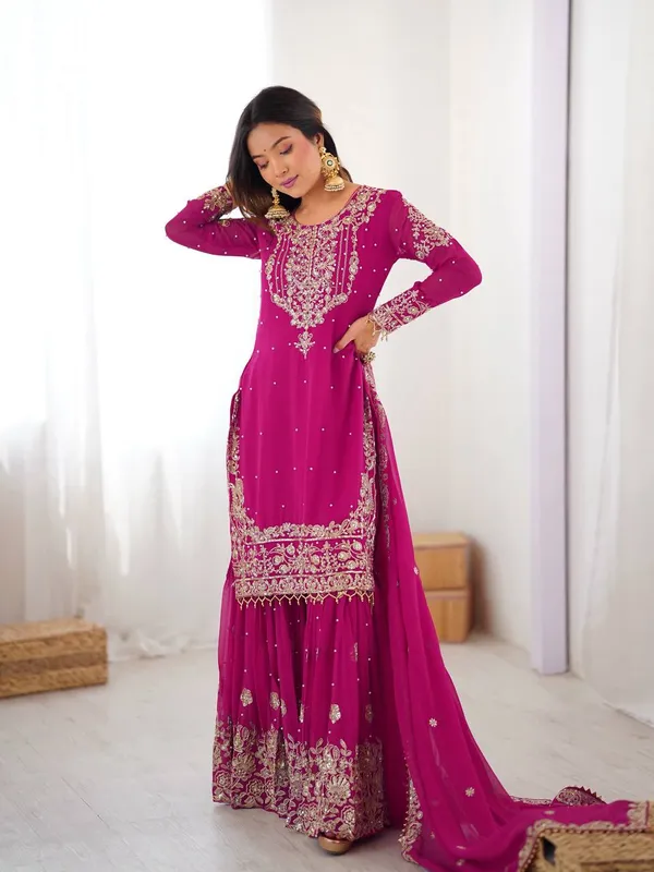 Magenta_Pink_Georgette_Zari_Sharara_&_Dupatta_Suit_For_Women_&_Girls