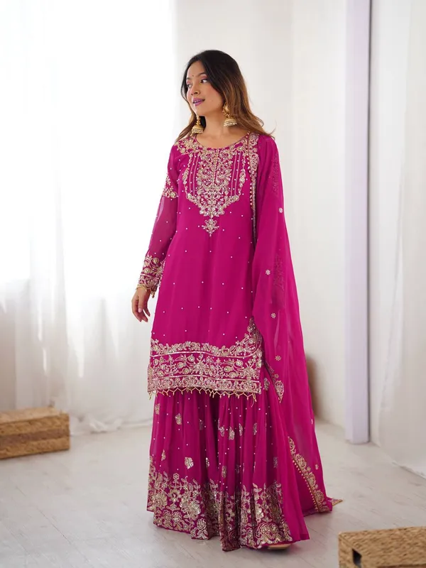 Magenta_Pink_Georgette_Zari_Sharara_&_Dupatta_Suit_For_Women_&_Girls