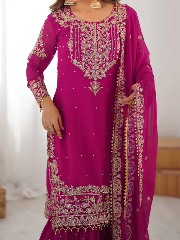 Magenta_Pink_Georgette_Zari_Sharara_&_Dupatta_Suit_For_Women_&_Girls