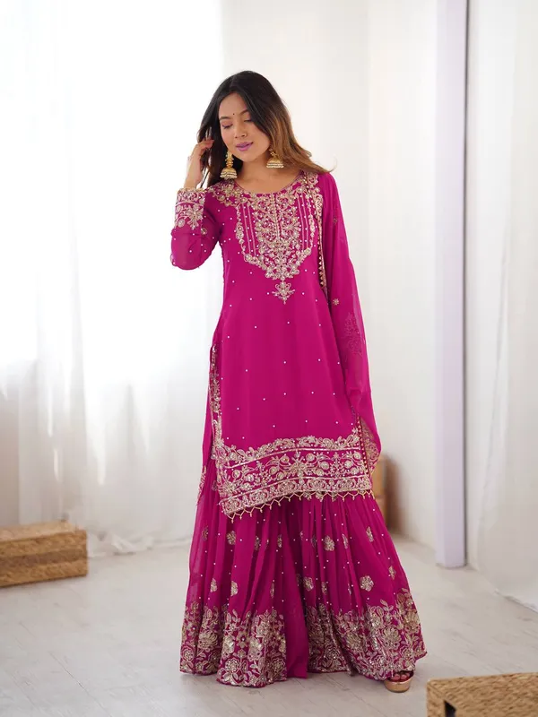 Magenta_Pink_Georgette_Zari_Sharara_&_Dupatta_Suit_For_Women_&_Girls