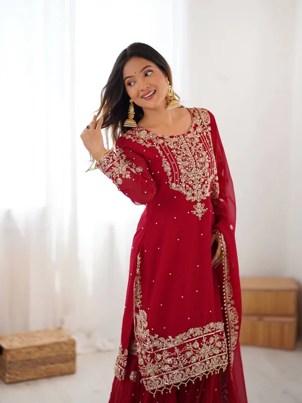 Deep_Ruby_Red_Georgette_Sharara_&_Dupatta_Suit_For_Women_&_Girls