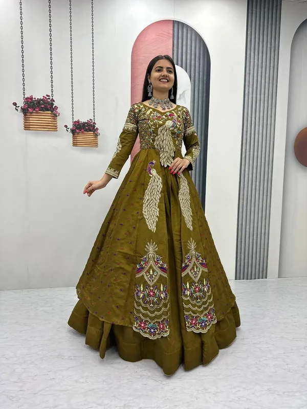 Rajkanika_Olive_Green_Embroidered_Long_Jacket_Style_Lehenga_Choli_Set