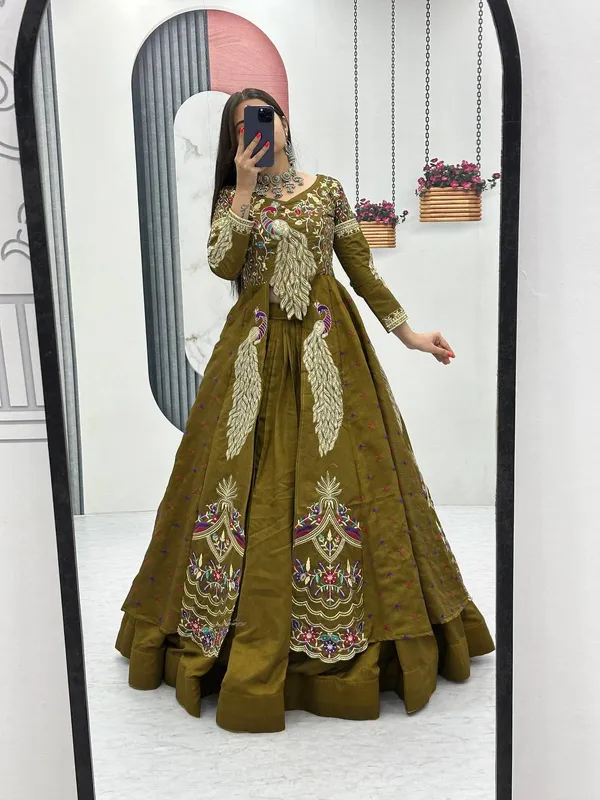 Rajkanika_Olive_Green_Embroidered_Long_Jacket_Style_Lehenga_Choli_Set