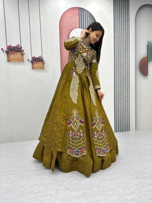 Rajkanika_Olive_Green_Embroidered_Long_Jacket_Style_Lehenga_Choli_Set